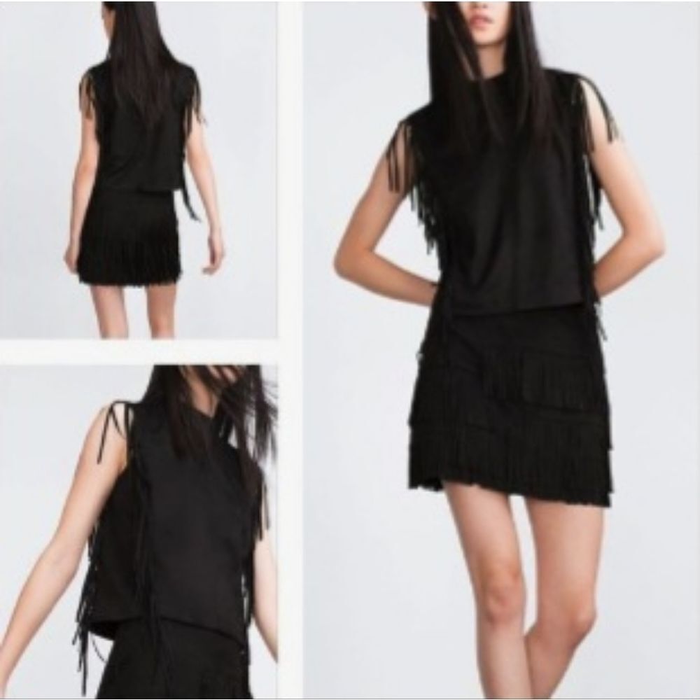 Zara Fringe Sleeveless Dark Green Faux Suede Top Size M 0239